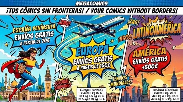 Cartel Movil promocional de Megacomics con env&iacute;os gratis de c&oacute;mics de colecci&oacute;n a Espa&ntilde;a, Europa y Am&eacute;rica 